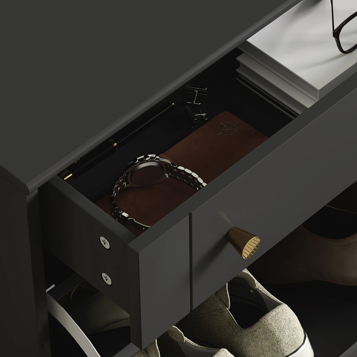 Slim Shoe Storage with 2 Flip Drawers and Adjustable Shelves – 24"W x 39"H