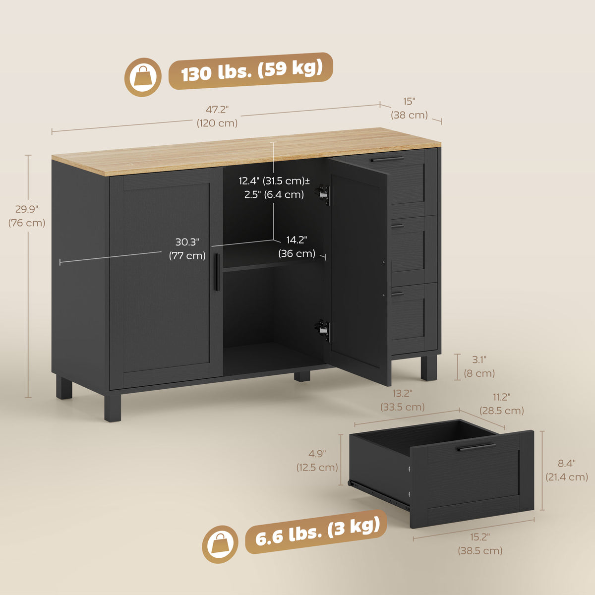 Buffet Cabinet with 3 Drawers and Soft-Close Doors – 47"W x 30"H