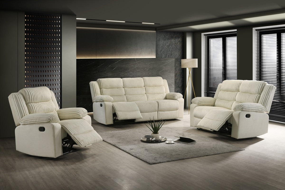 Elegant Cream Corduroy Recliner Sofa, Plush Seating, Premium Reclining Mechanism