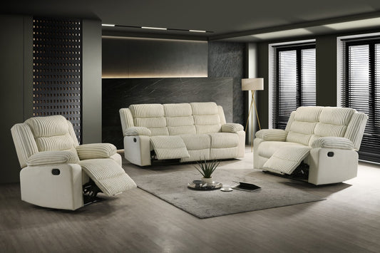 Elegant Cream Corduroy Recliner Sofa, Plush Seating, Premium Reclining Mechanism