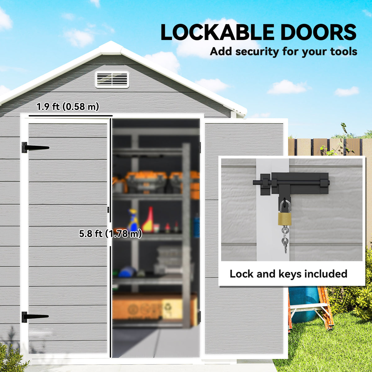 6x5 Plastic Garden Shed, Outdoor Storage Shed with Floor, Window, Lockable Doors and Vents