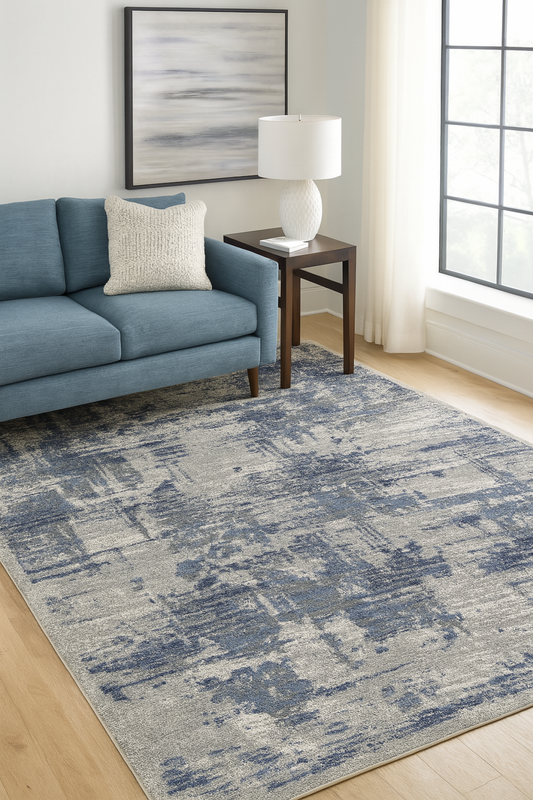 Distressed Jute Area Rug – Cream/Grey/Blue