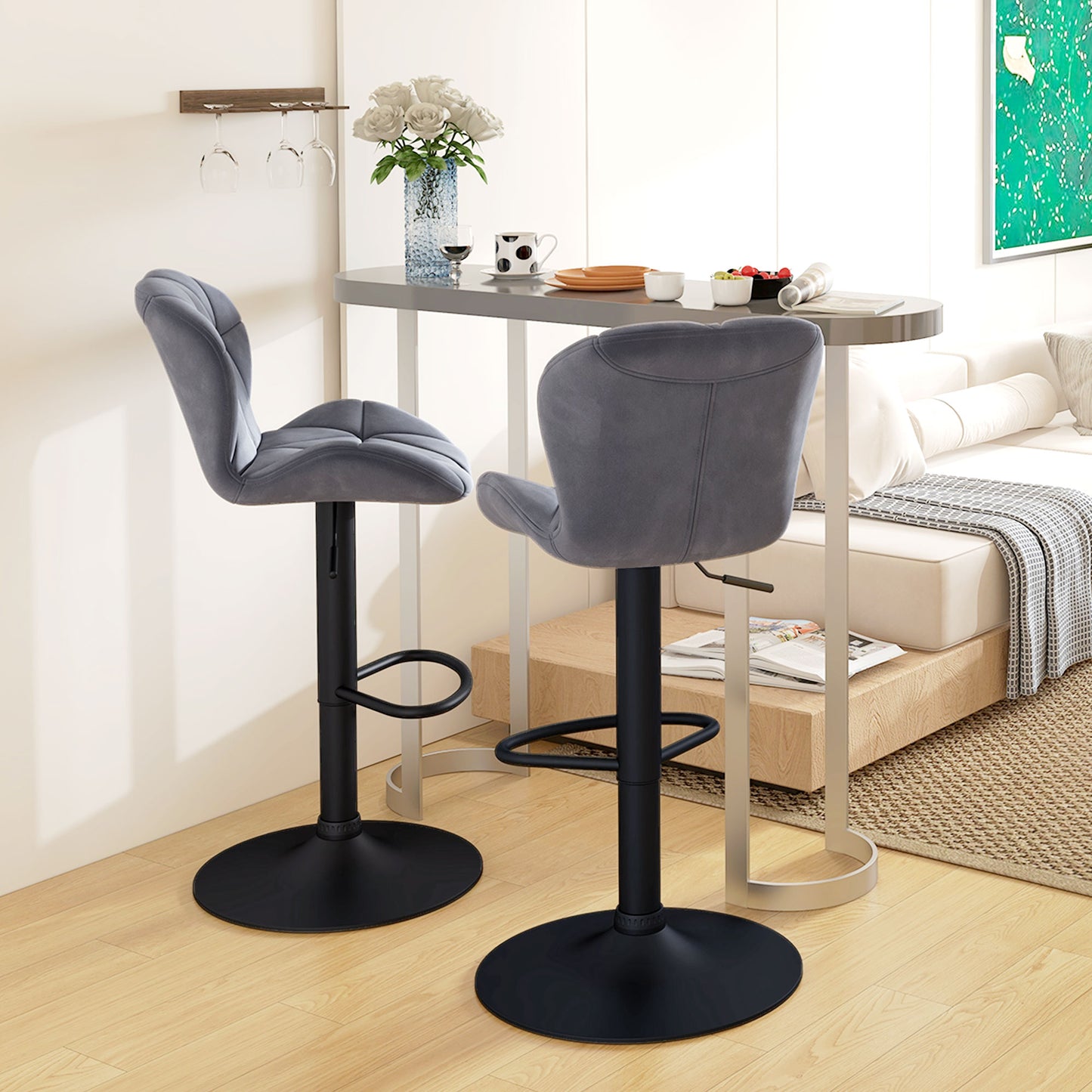 HOMCOM Grey Fabric Adjustable Swivel Armless Bar Stools Set of Two