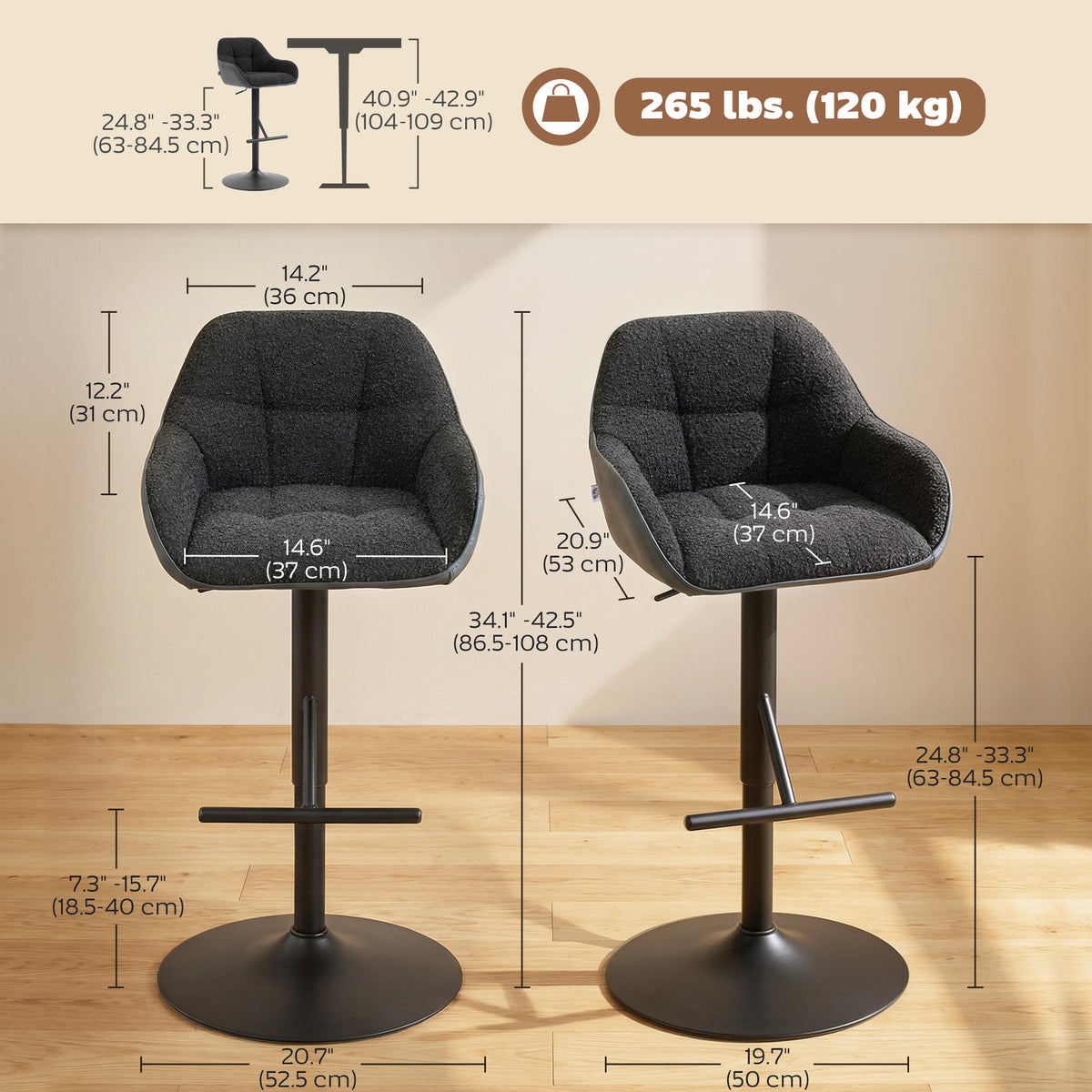 Linen-Look Swivel Bar Stools with Back, Armrests and Footrest, Set of 2