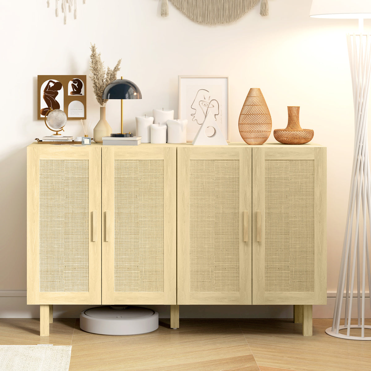 Boho Sideboard Buffet Cabinet with 4 Rattan Doors and Adjustable Shelves – 47"W x 30"H
