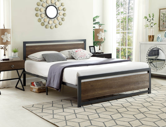 Grey Metal Bed with Wood Panel Headboard