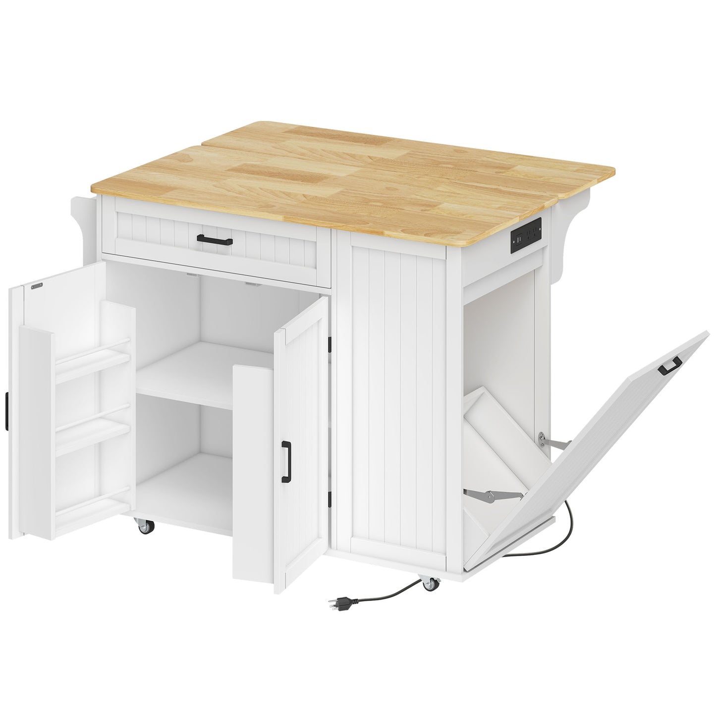 HOMCOM Kitchen Island Cart Portable with Charging Station White