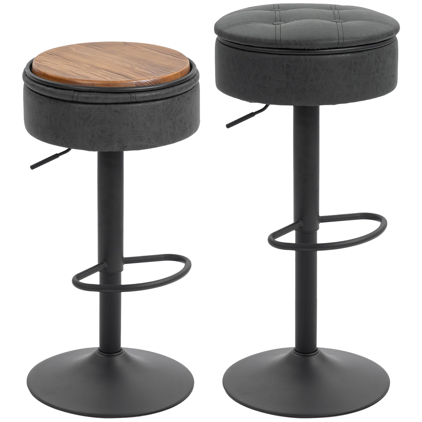 HOMCOM 2-Piece Black Swivel Bar Stools: Hidden Storage, PU Leather, Footrest