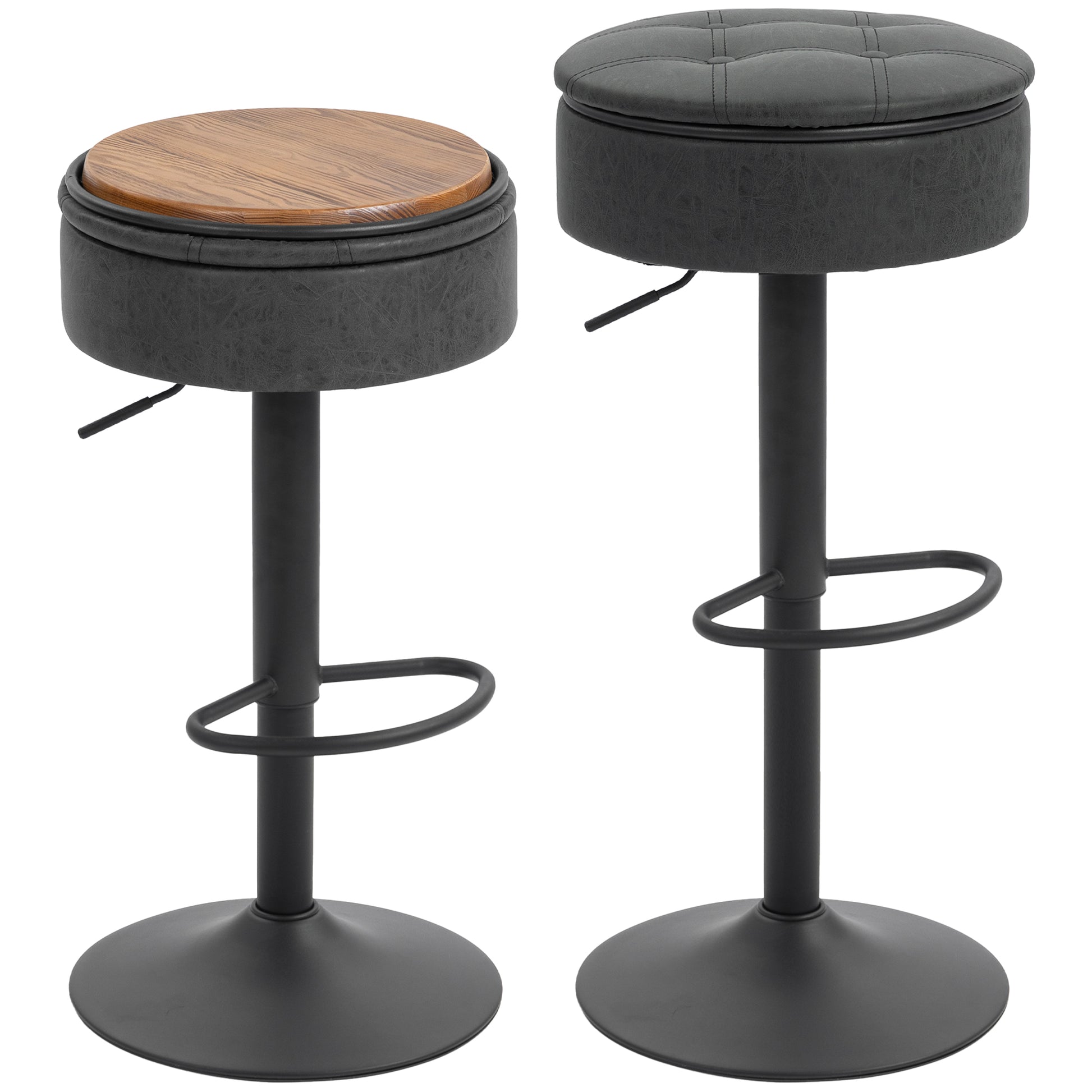 HOMCOM 2-Piece Black Swivel Bar Stools: Hidden Storage, PU Leather, Footrest