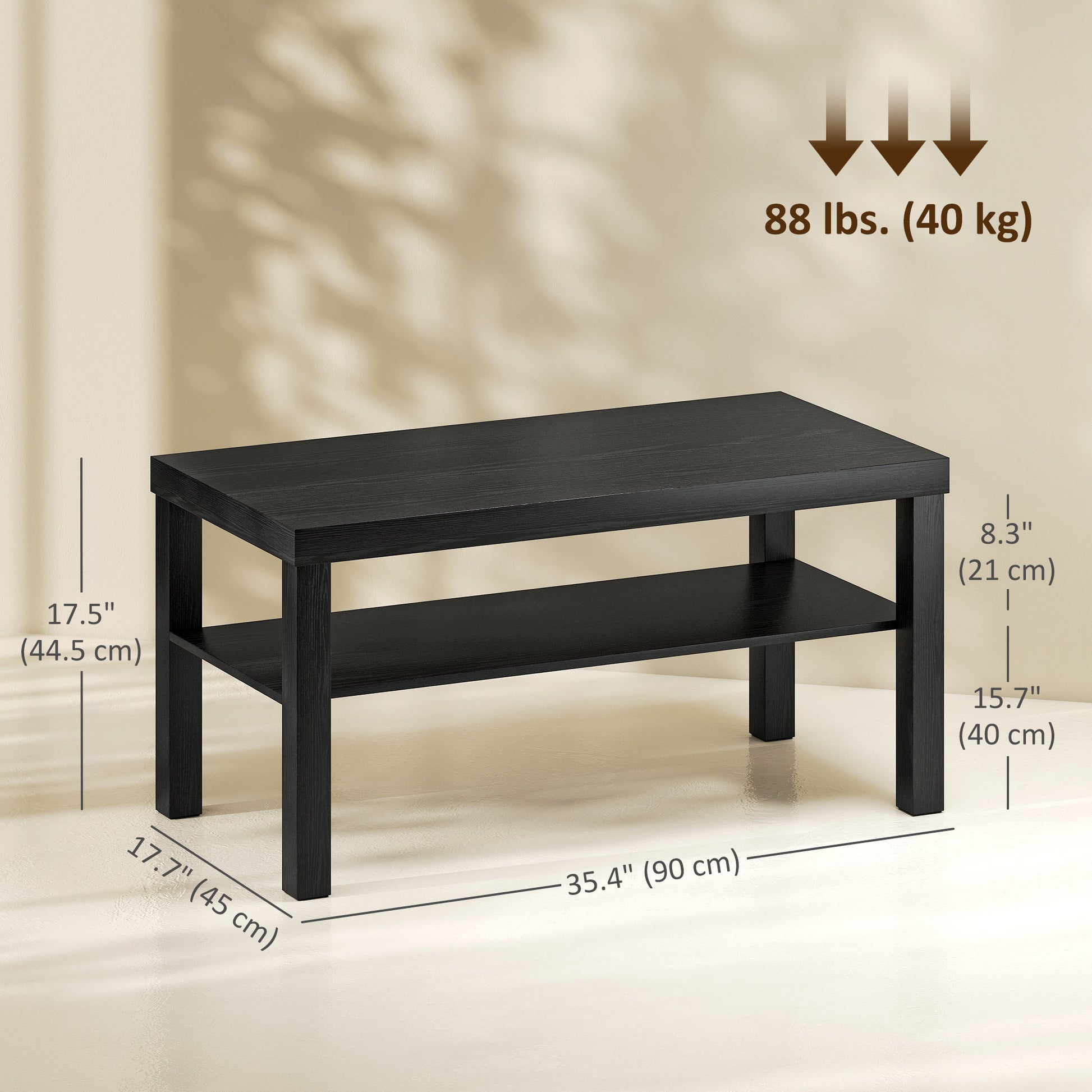 HOMCOM Modern Black 2-Tier Rectangular Coffee Table with Storage Shelf