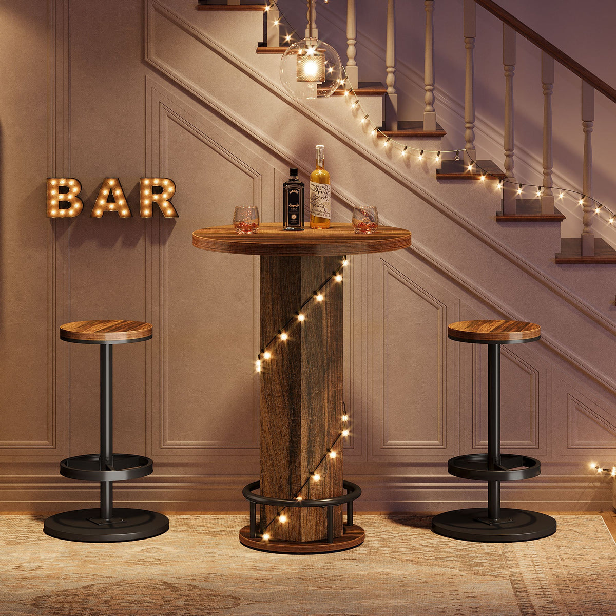 Round Bar Table with Chairs, Pub Bistro Table Sets with 2 Barstools