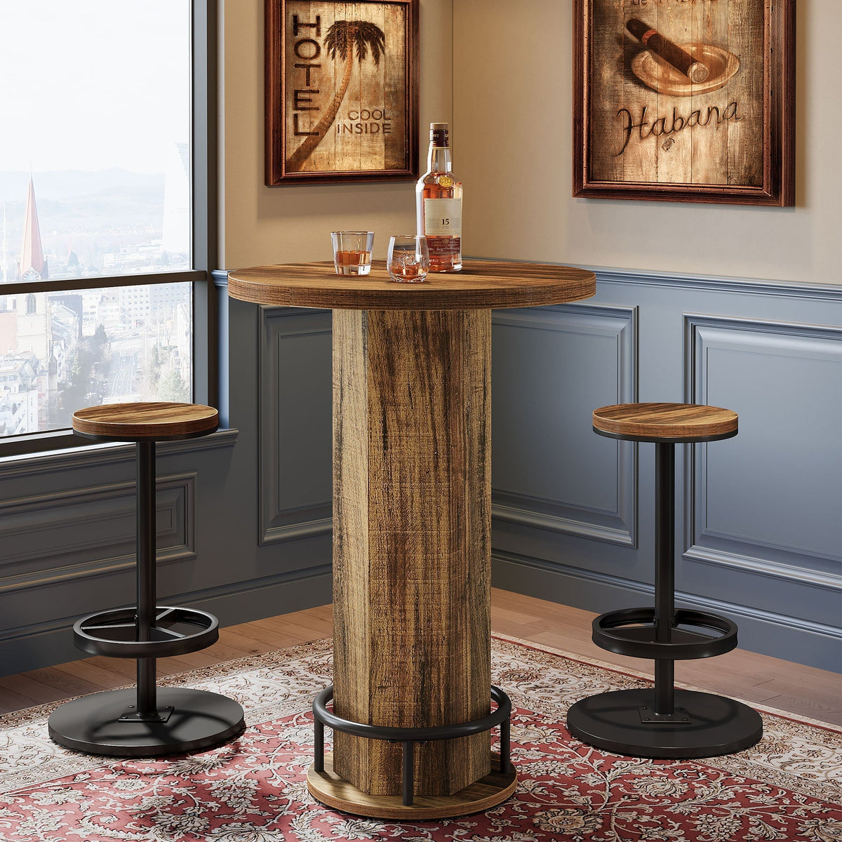 Round Bar Table with Chairs, Pub Bistro Table Sets with 2 Barstools