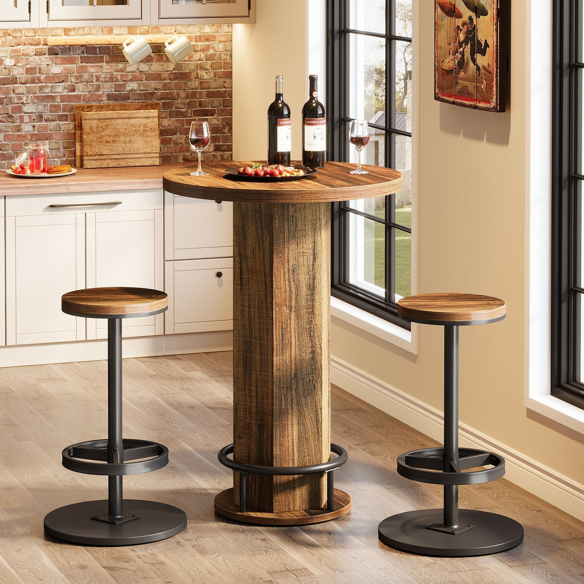 Round Bar Table with Chairs, Pub Bistro Table Sets with 2 Barstools