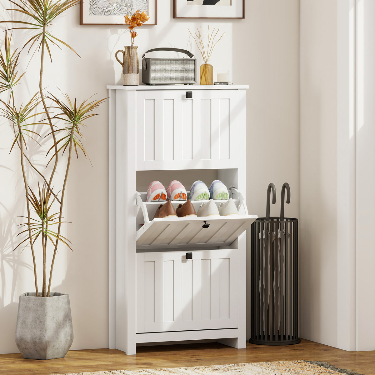 Slim Shoe Cabinet with 3 Flip Drawers – 24"W x 47"H