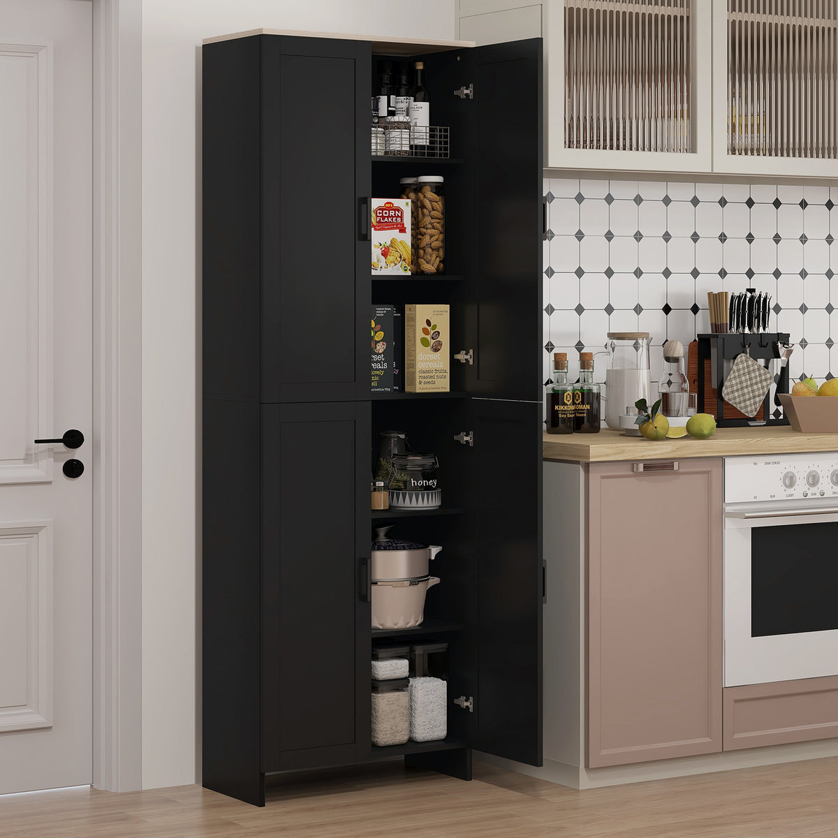 4-Door Kitchen Pantry Cabinet with Adjustable Shelves – 24"W x 67"H