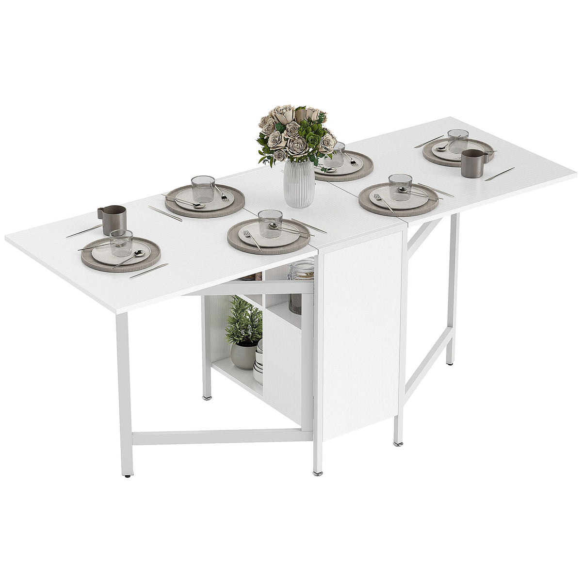 Multi-Use Foldable Dining Table with Hideaway Shelves, 66.5" Drop Leaf Table