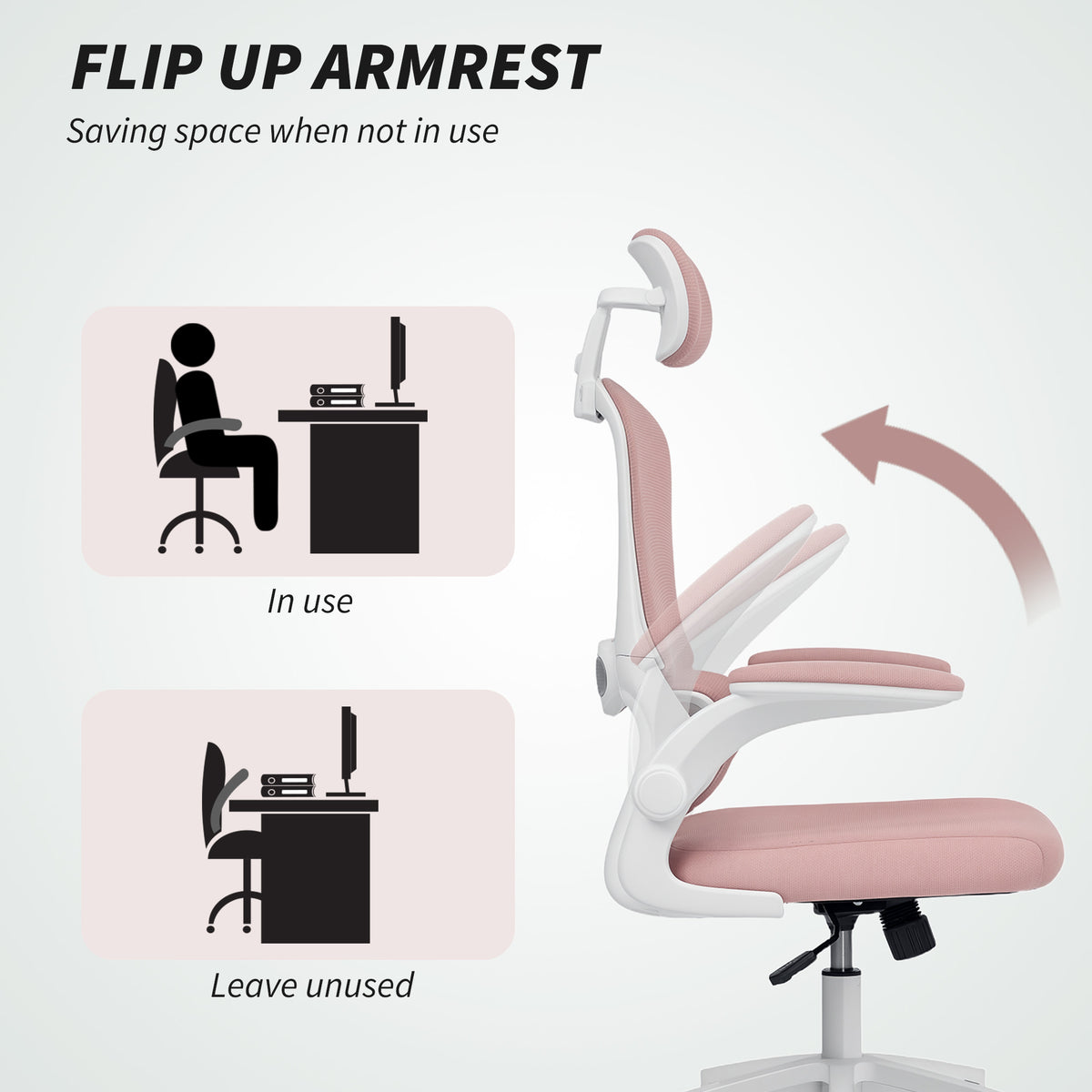 Ergonomic Mesh Office Chair, High Back Desk Chair with Rotatable Headrest, Pink
