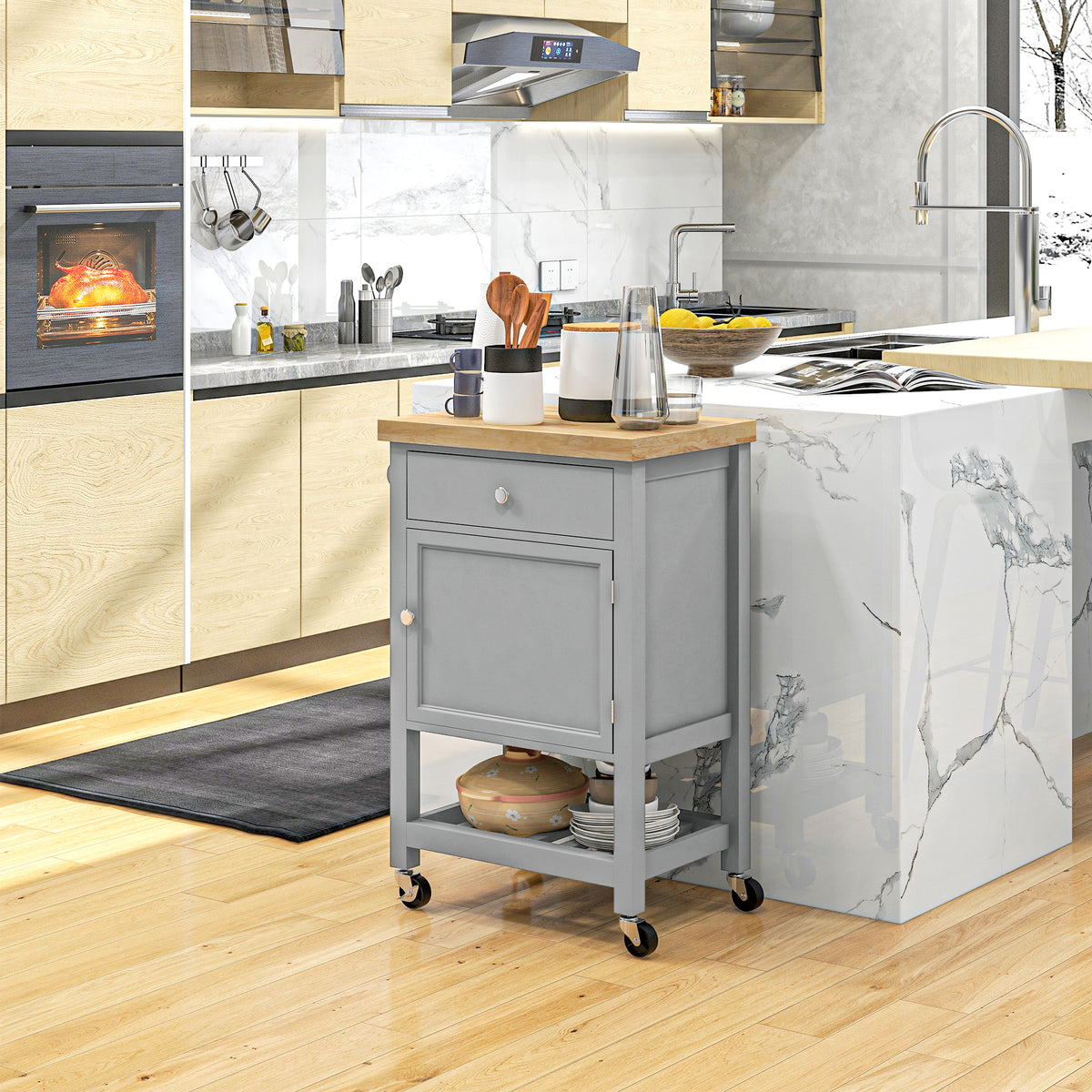 Rolling Kitchen Cart with Wood Top – 25"W x 35"H