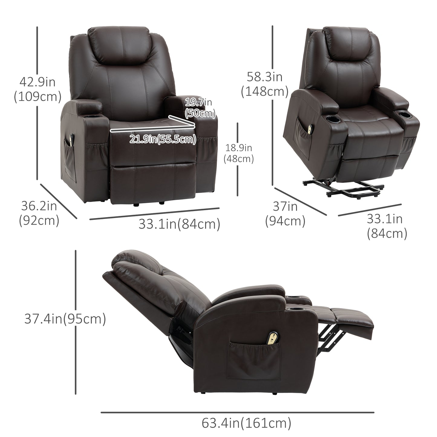 HOMCOM Power Lift Recliner Chair: Elderly Brown PU Leather, Footrest, Remote Control