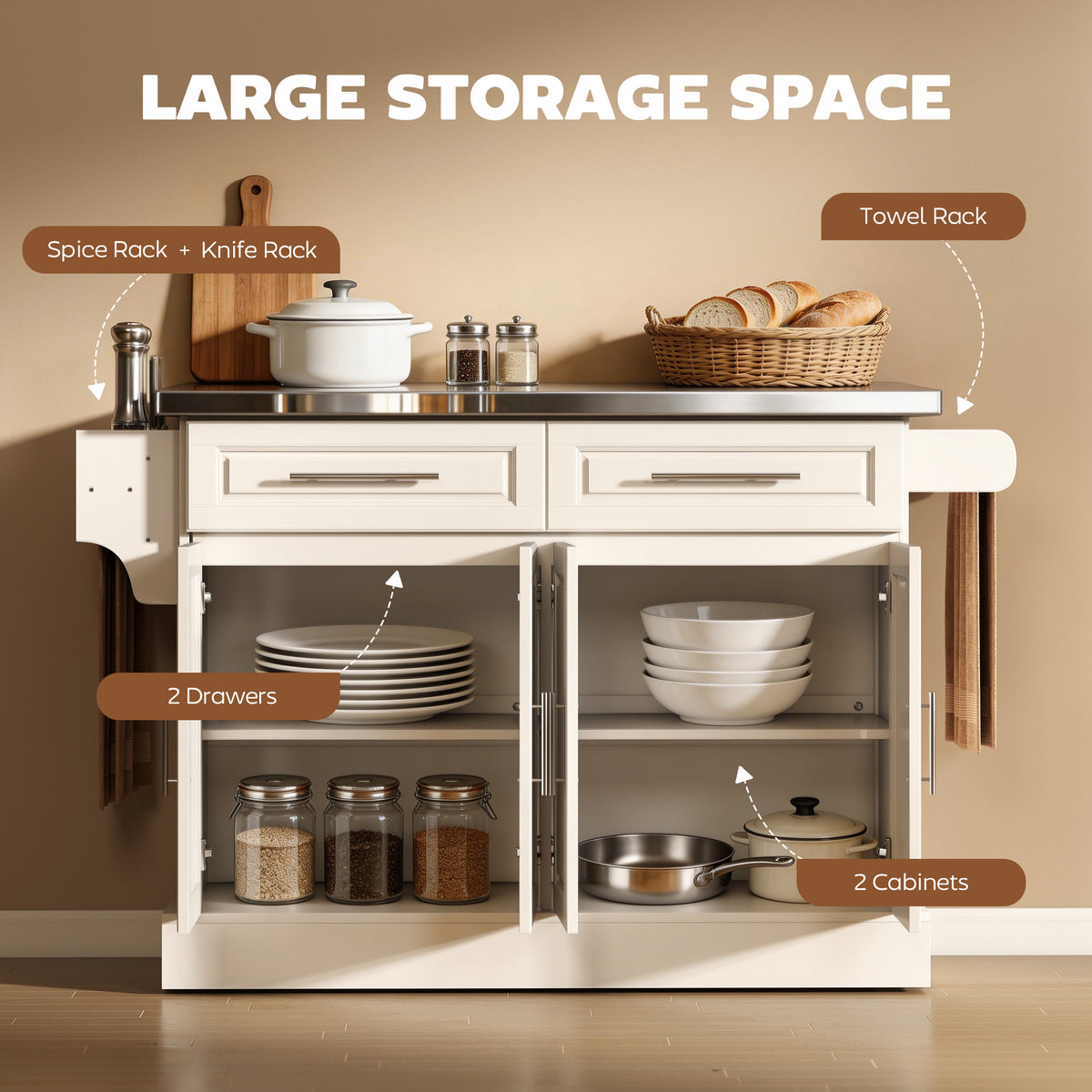 Rolling Kitchen Island with Stainless Steel Top – 57"W x 37"H