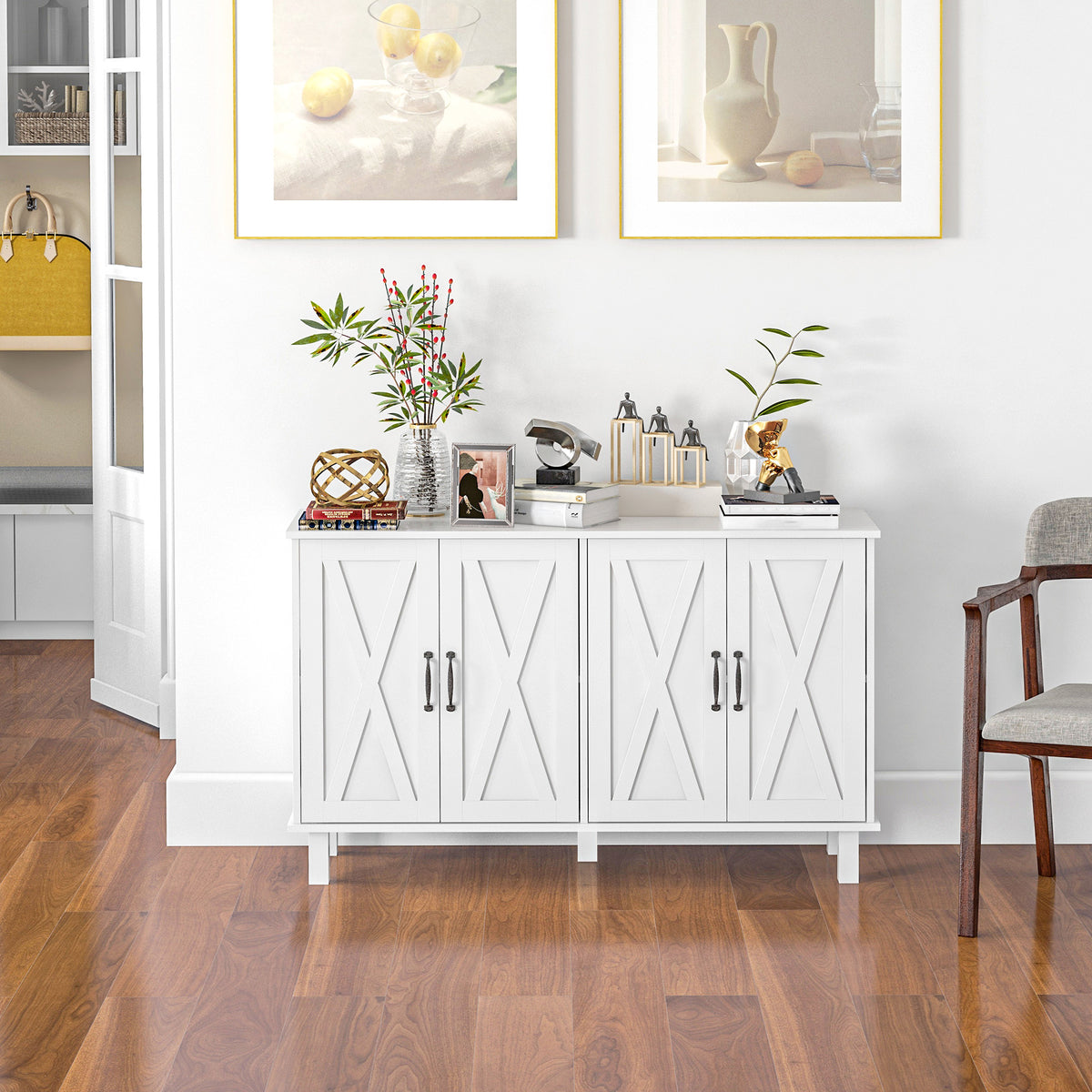 Kitchen Sideboard Cabinet with 4 Barn Doors and 2 Adjustable Shelves – 47"W x 30"H