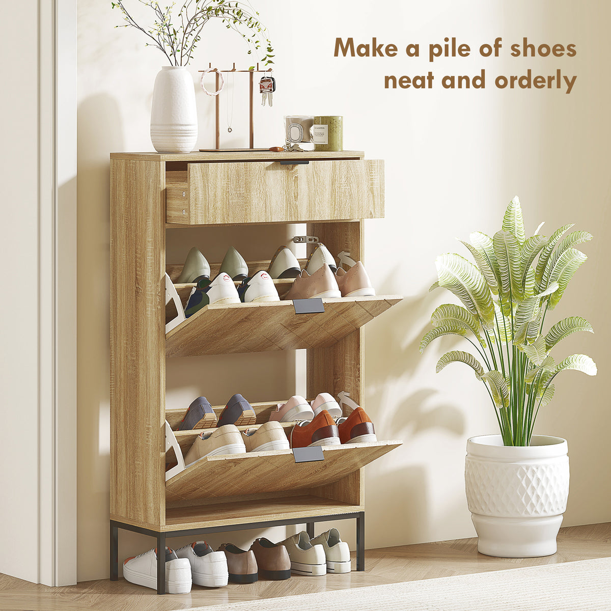 Narrow Shoe Storage Cabinet with Flip Drawers – 24"W x 42"H