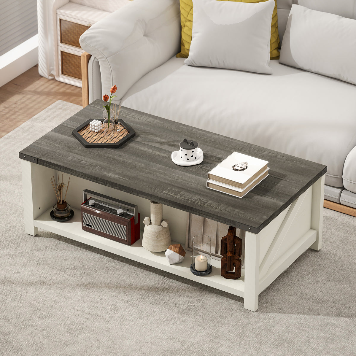 Farmhouse Coffee Table with Barn-Door Drawer and Open Shelf, Distressed White