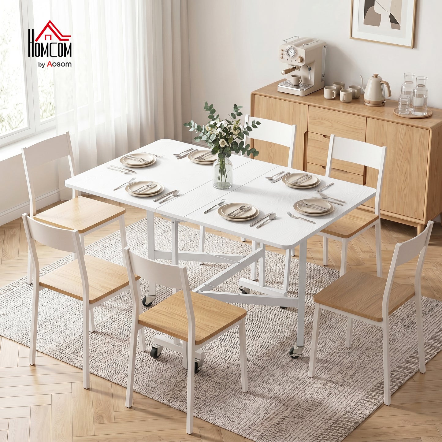 HOMCOM Six-Seater Drop-Leaf Dining Table with Wheels White