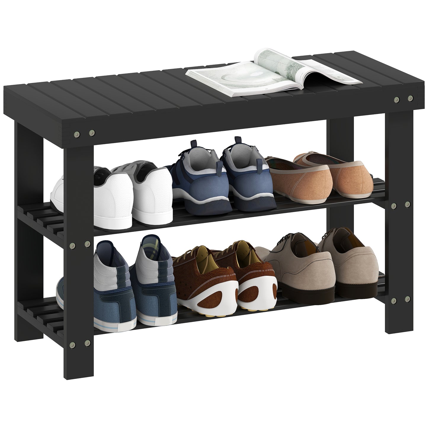 HOMCOM Black Bamboo 3-Tier Entryway Shoe Storage Bench, 6 Pair Capacity