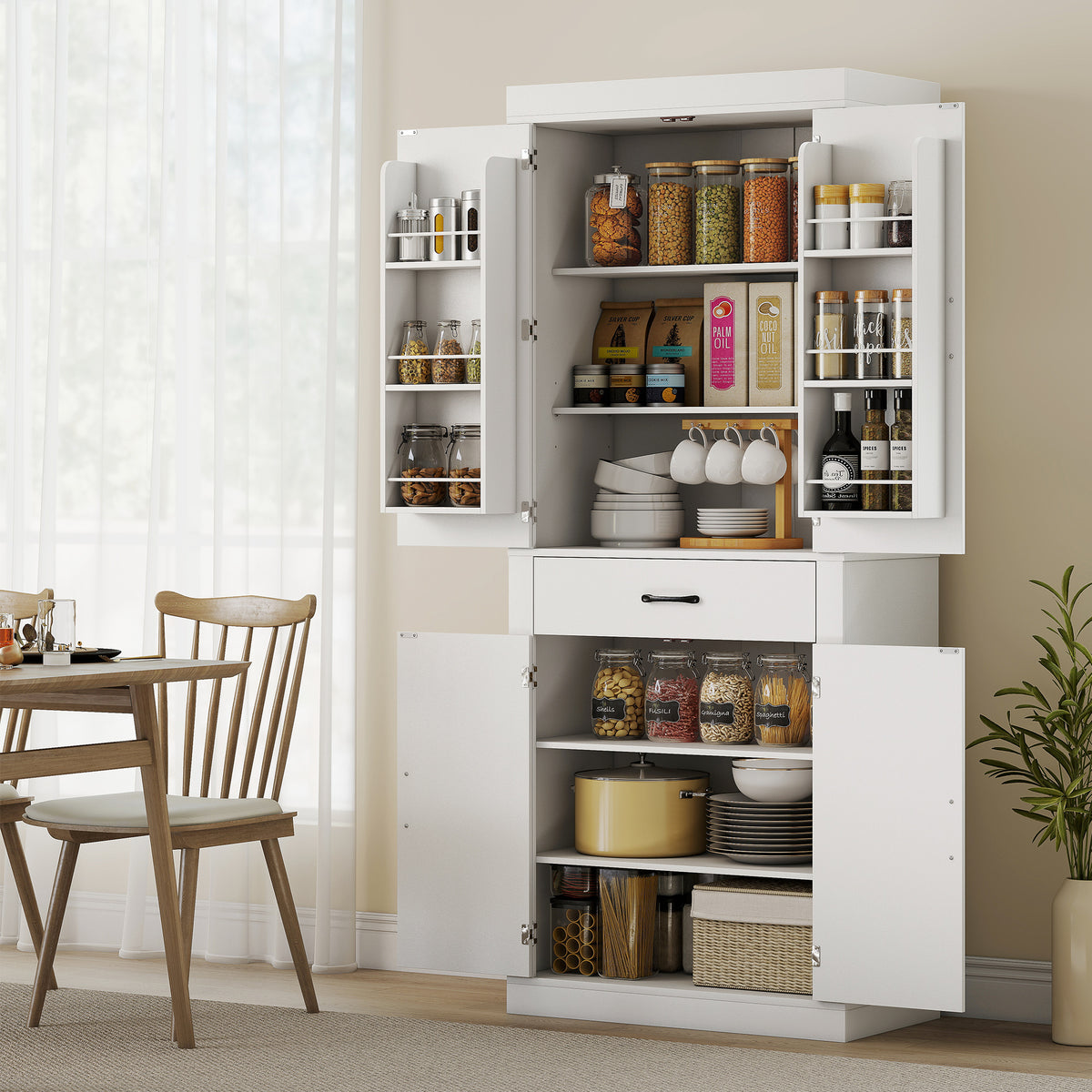 Farmhouse Kitchen Storage Cabinet with 4 Barn Doors – 30"W x 72"H