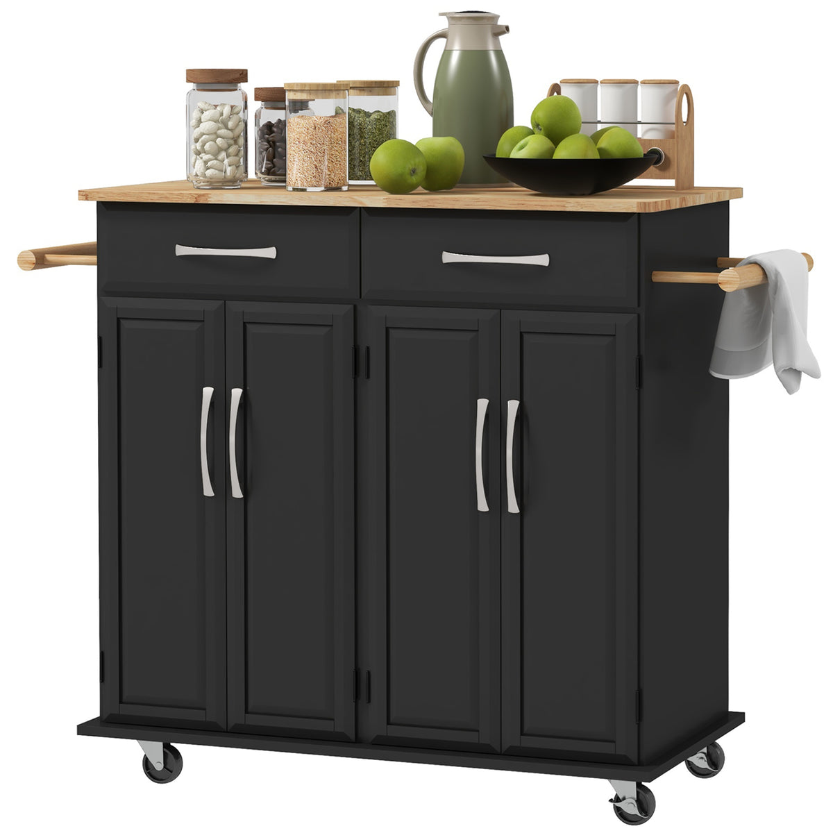 Kitchen Island on Wheels with Rubberwood Top – 44"W x 36"H