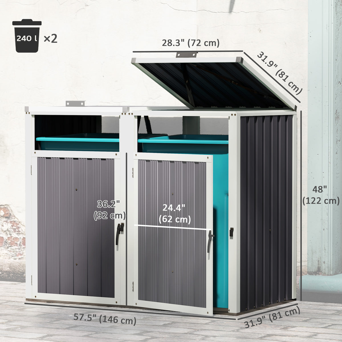 Double Garbage Bin Shed, Lockable Outdoor Storage Shed with Openable Lid, Galvanized Frame for Garden Patio
