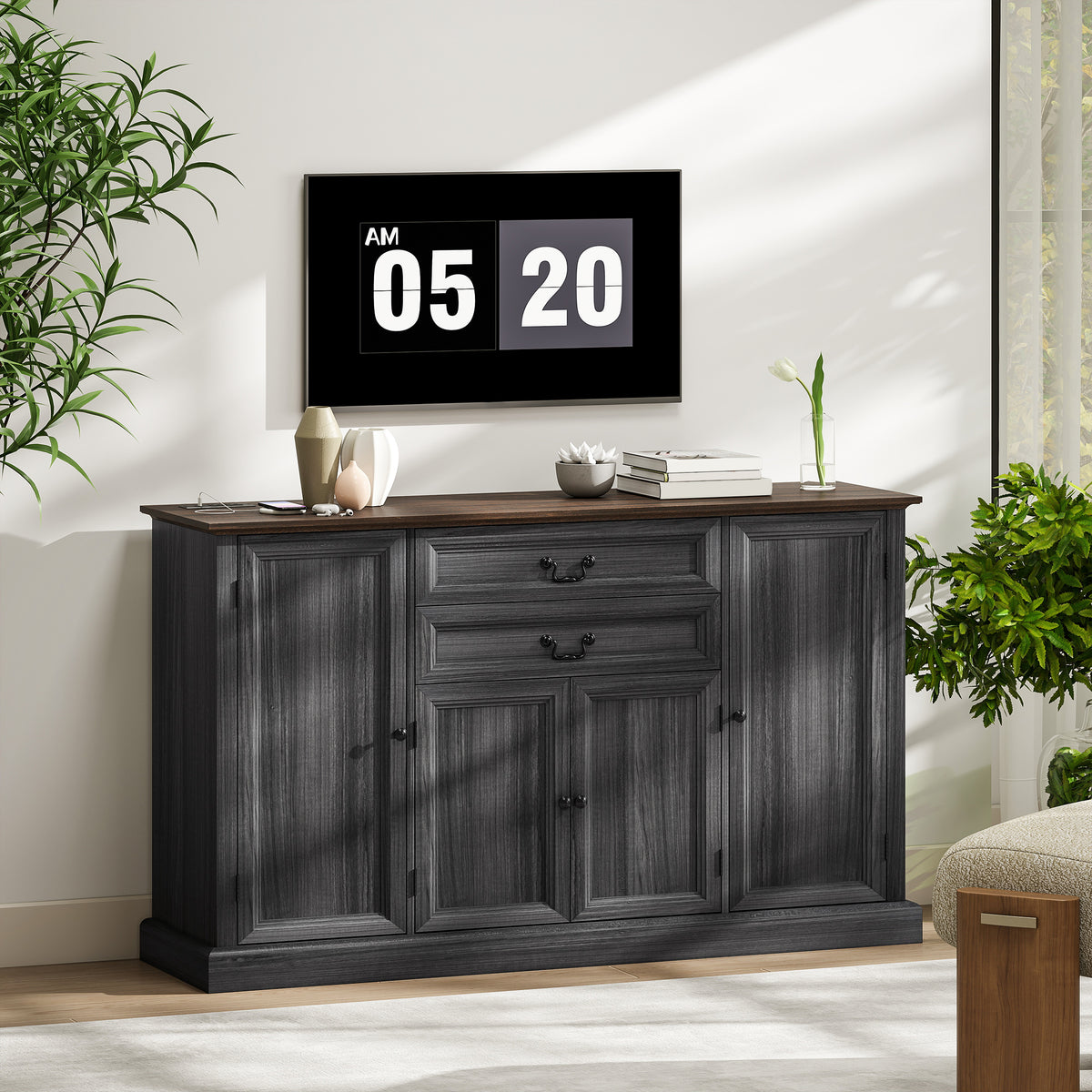 Farmhouse Sideboard with Charging Station and Thickened Top – 58"W x 34"H