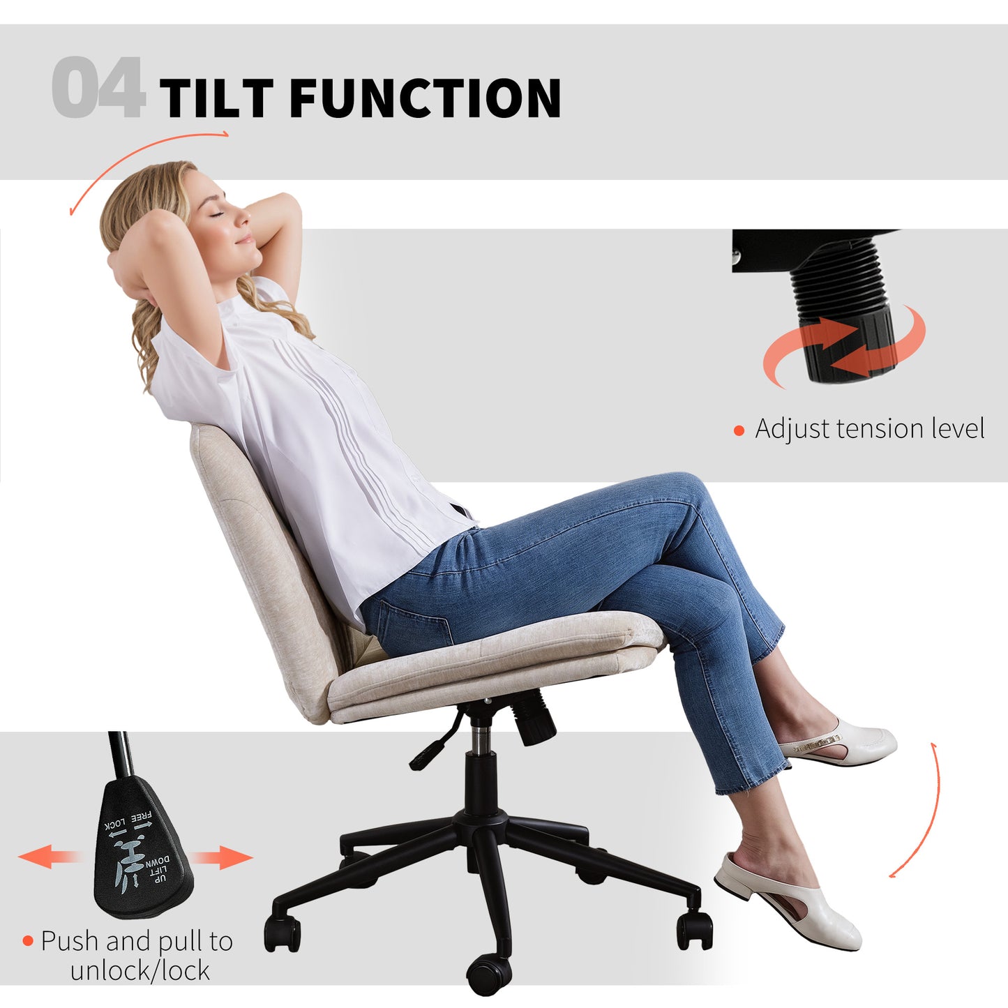 HOMCOM Wide Armless Criss Cross Office Chair: Adjustable Height, Tilting, Swivel, Beige