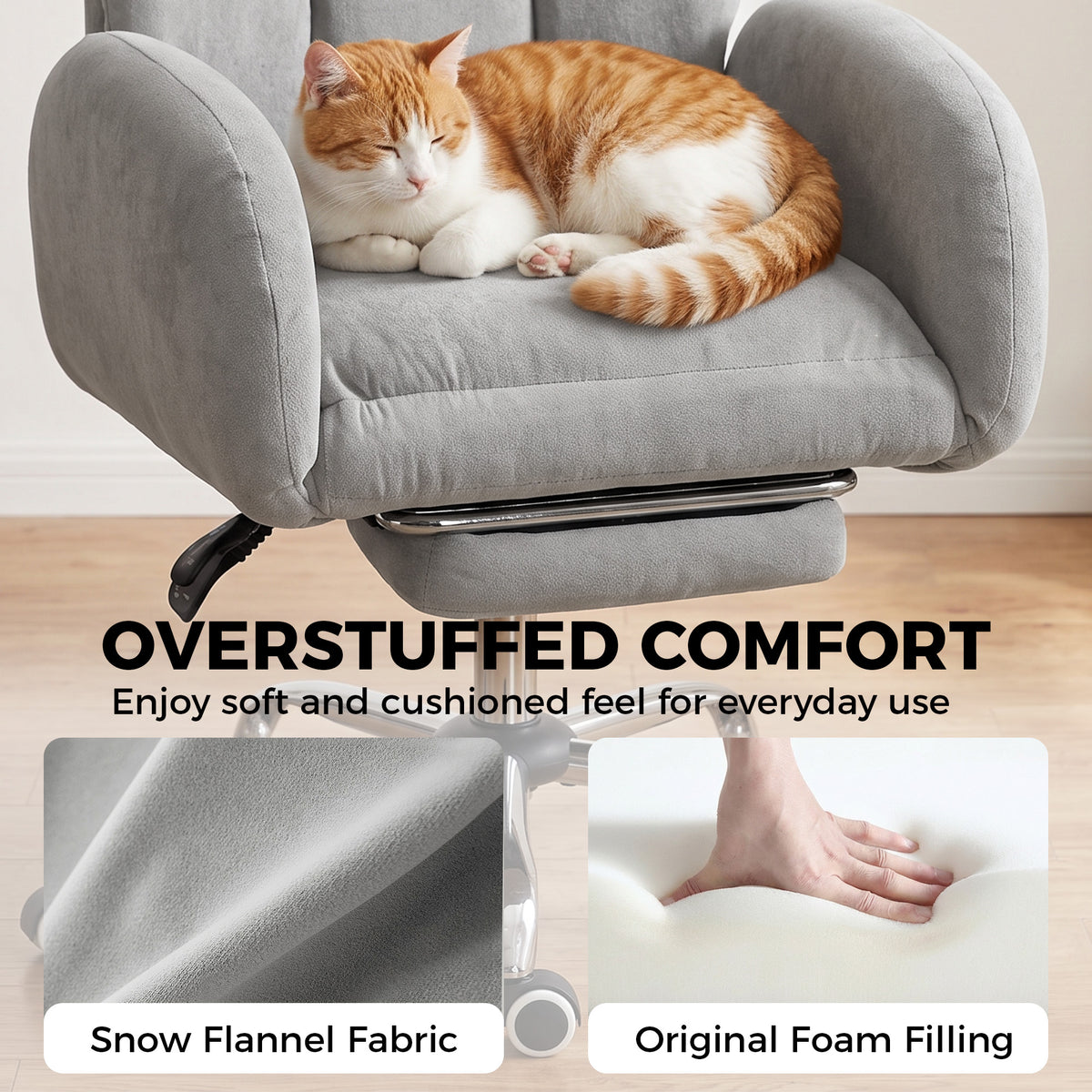 Cross Legged Office Chair with Footrest, 90°-180° Flip Armrests, Task Desk Chair, Light Grey