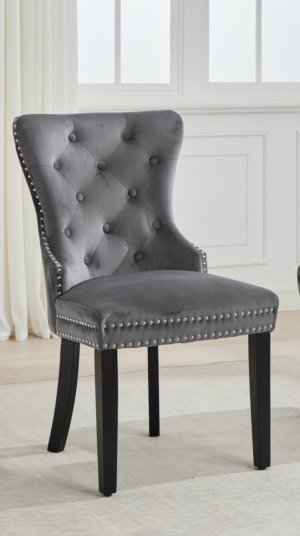 Button-Tufted Velvet Dining Chair with Espresso Legs – Set of 2