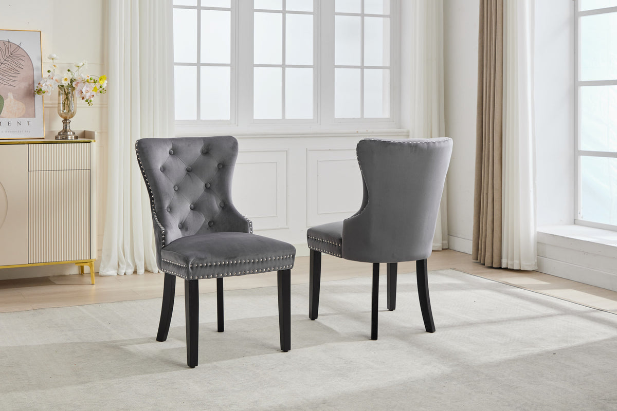Button-Tufted Velvet Dining Chair with Espresso Legs – Set of 2