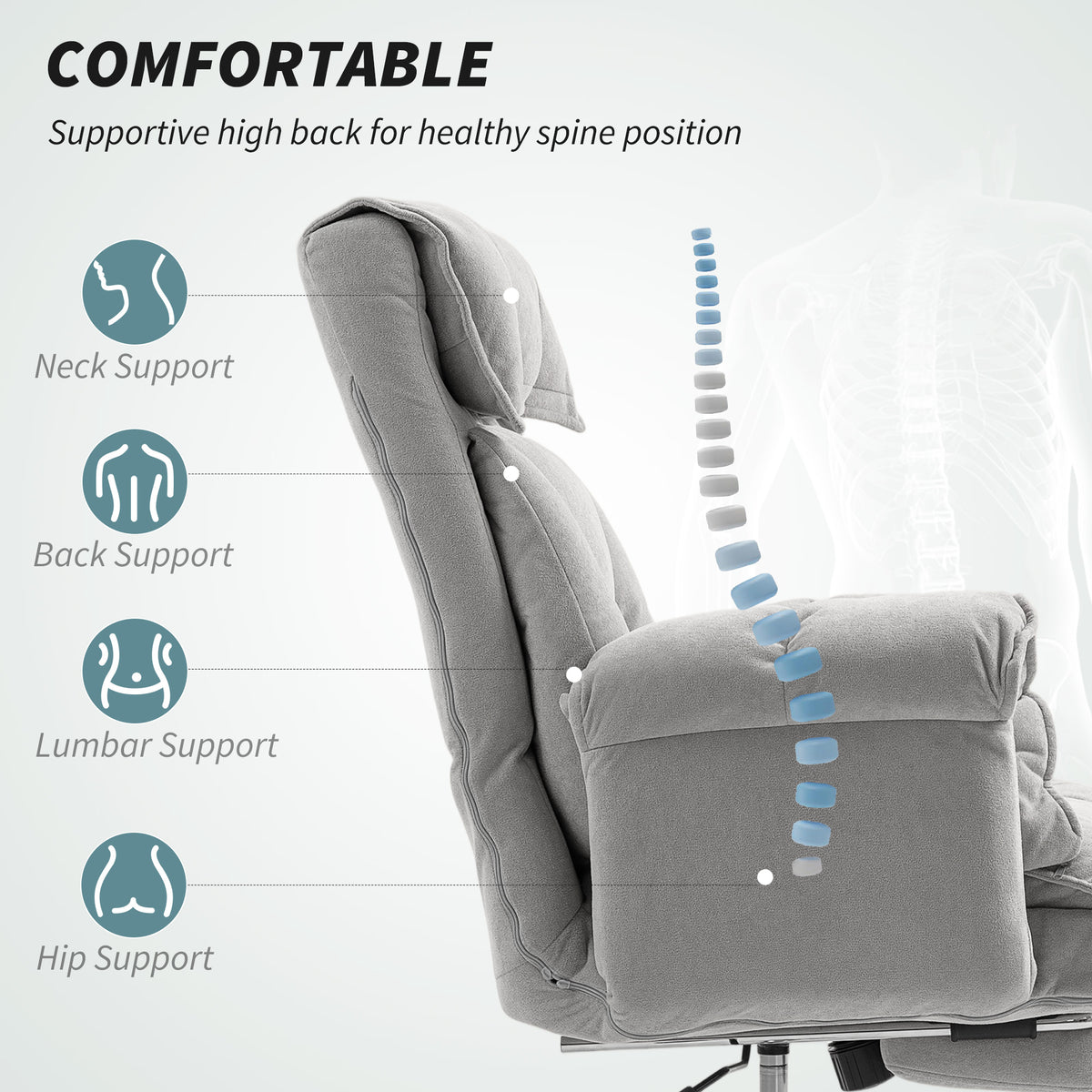 High Back Office Chair, Reclining Desk Chair with Footrest, Swivel Base, Light Grey