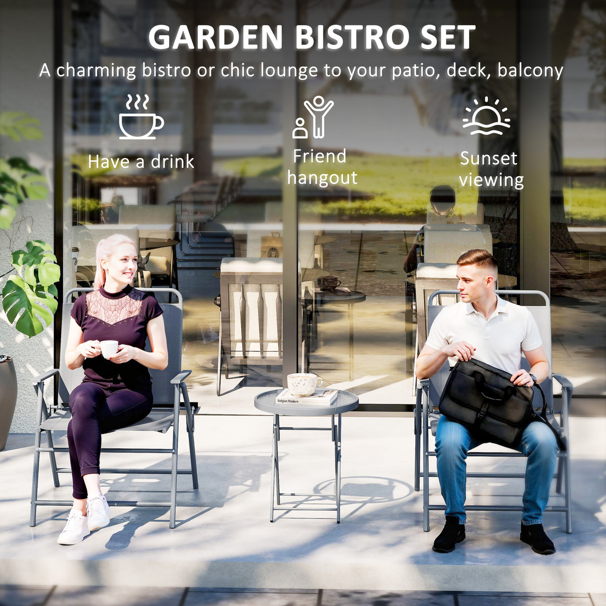3 Pieces Outdoor Bistro Set, Folding Patio Table and Chairs with Tempered Glass Tabletop for Garden, Deck & Backyard