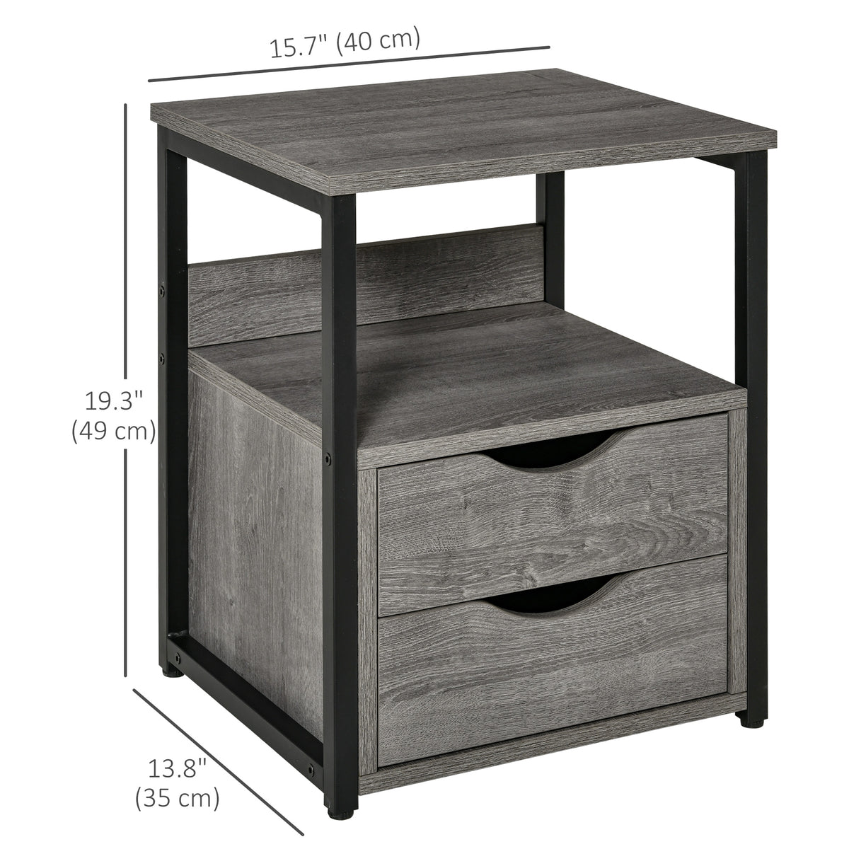 Industrial Nightstand with 2 Drawers and Shelf – 16"W x 19"H