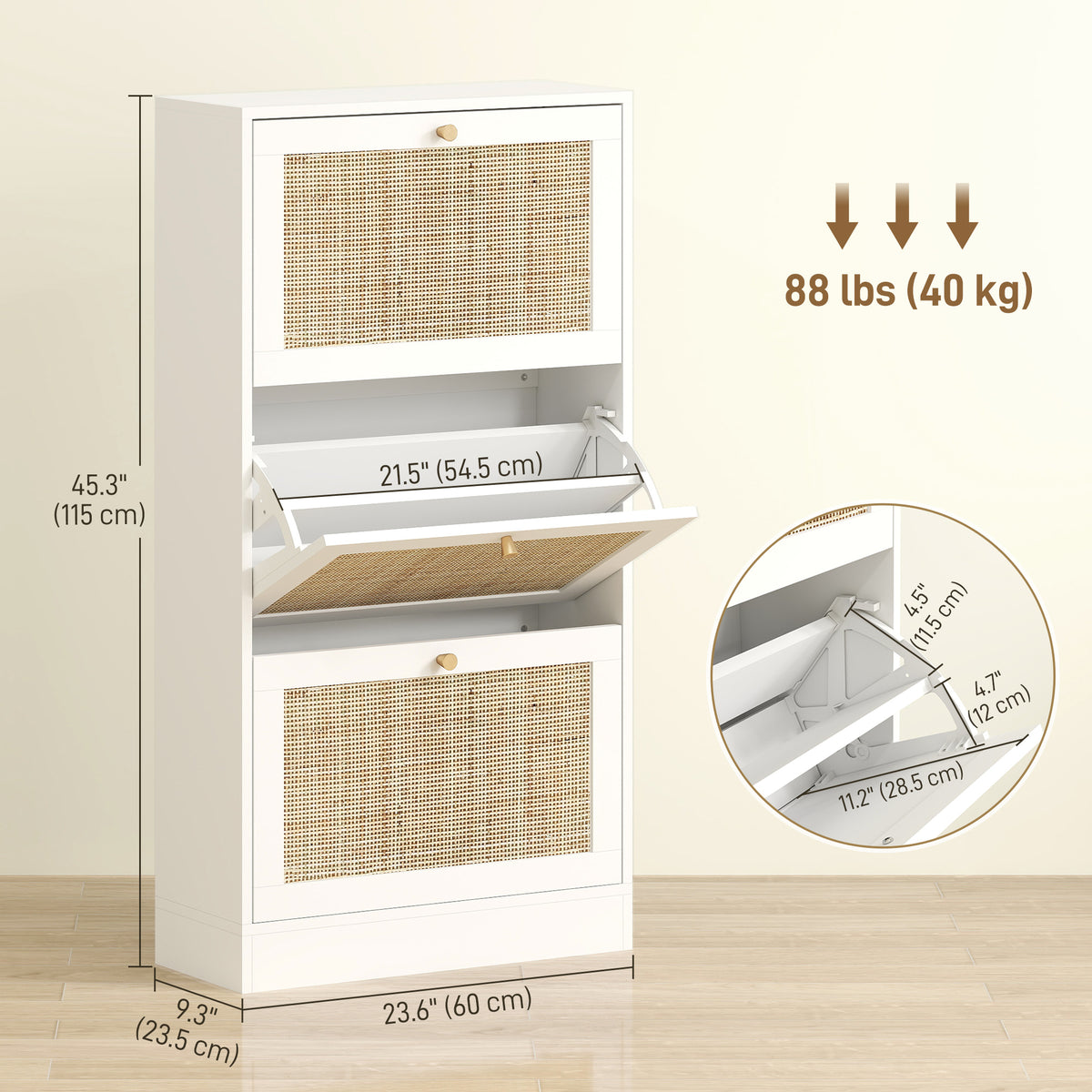 Rattan Shoe Storage Cabinet with 3 Flip Drawers – 24"W x 45"H