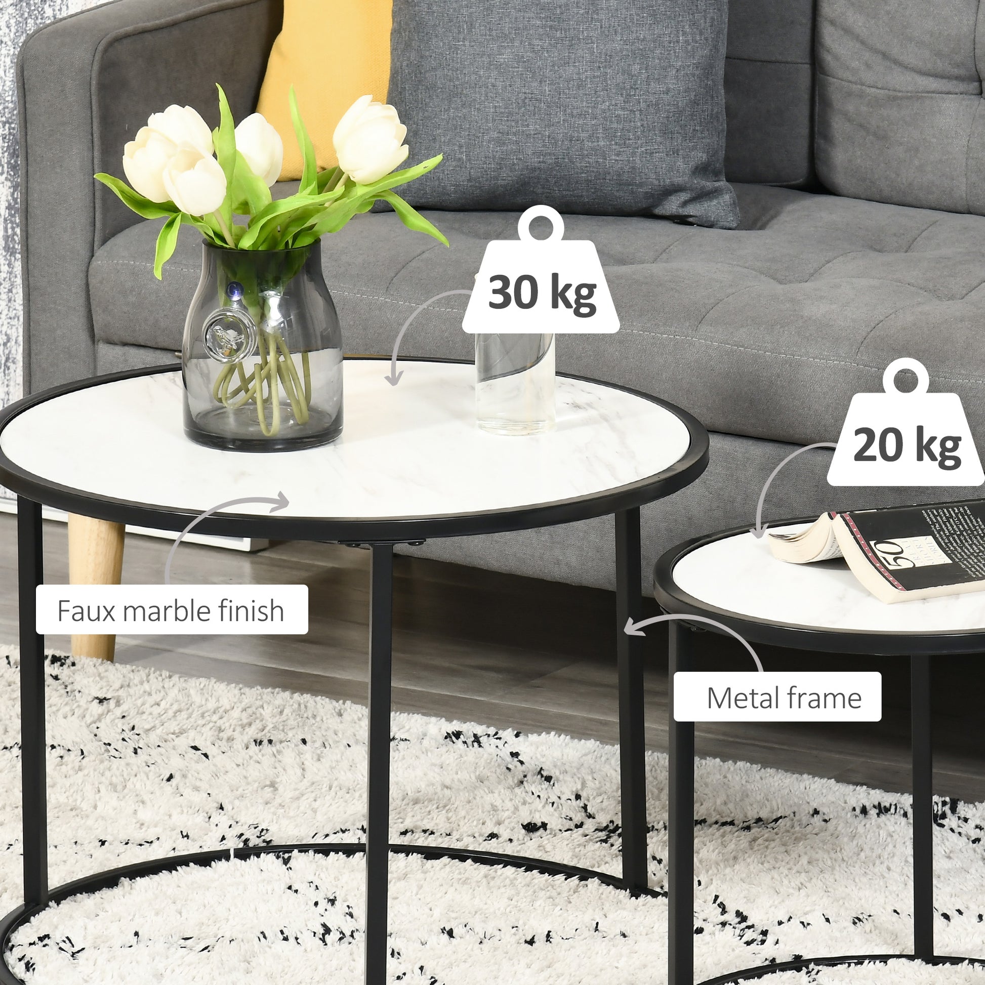 HOMCOM Round Nesting Coffee Table Set, Modern Faux Marble Top, Steel Frame, 2-Piece