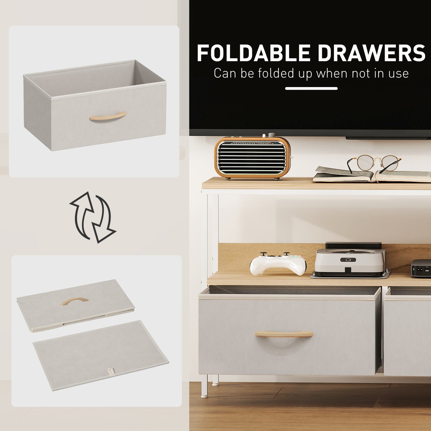 HOMCOM Modern Oak TV Stand, Charging Station, Foldable Drawers, 47-Inch TV