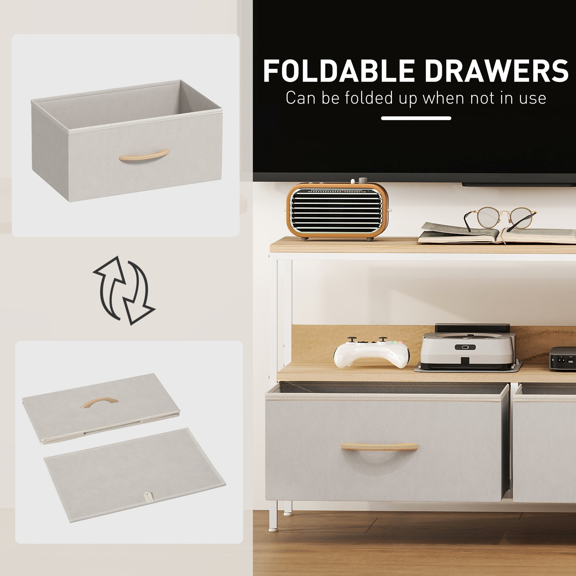 HOMCOM Modern Oak TV Stand, Charging Station, Foldable Drawers, 47-Inch TV