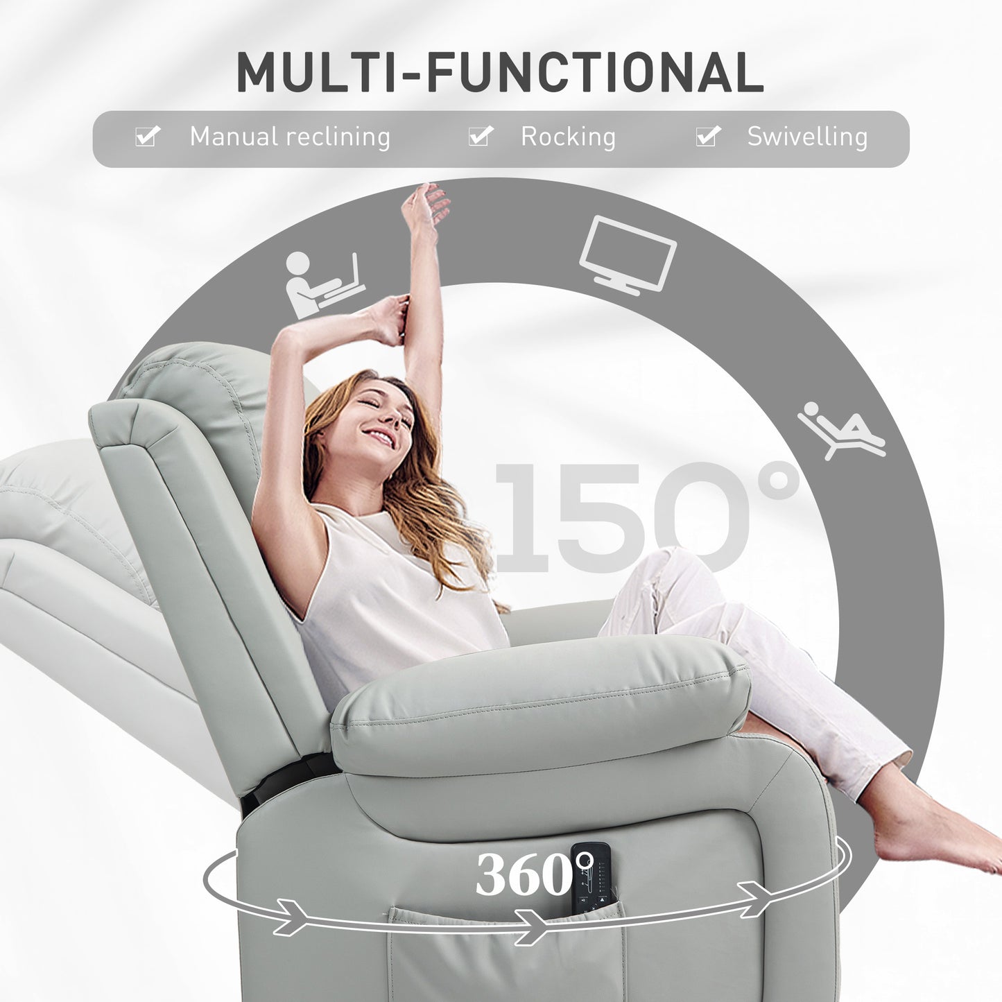 HOMCOM Light Grey PU Leather Massage Recliner Chair with Swivel Base
