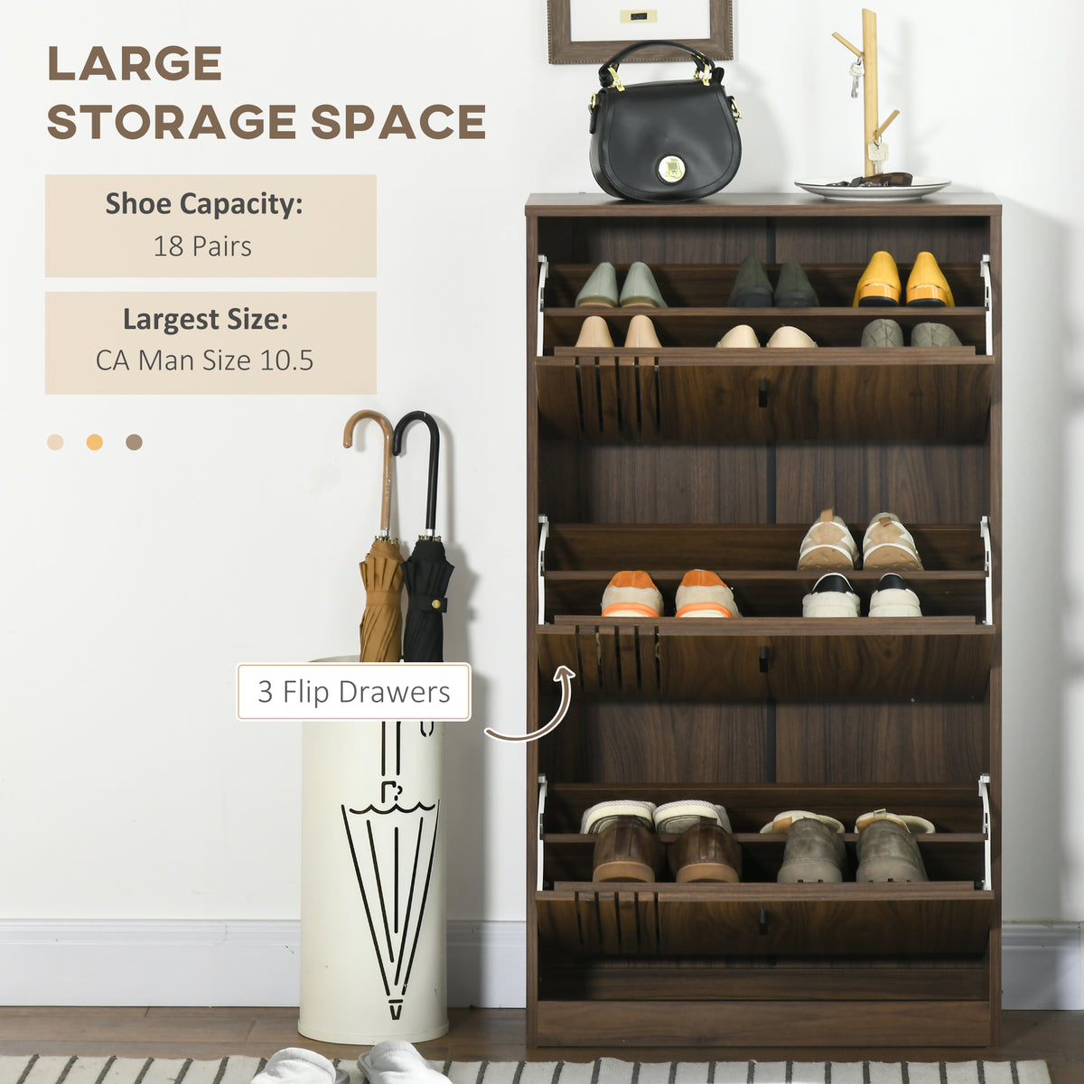 Shoe Cabinet with 3 Flip Drawers for 18 Pairs – 25"W x 46"H