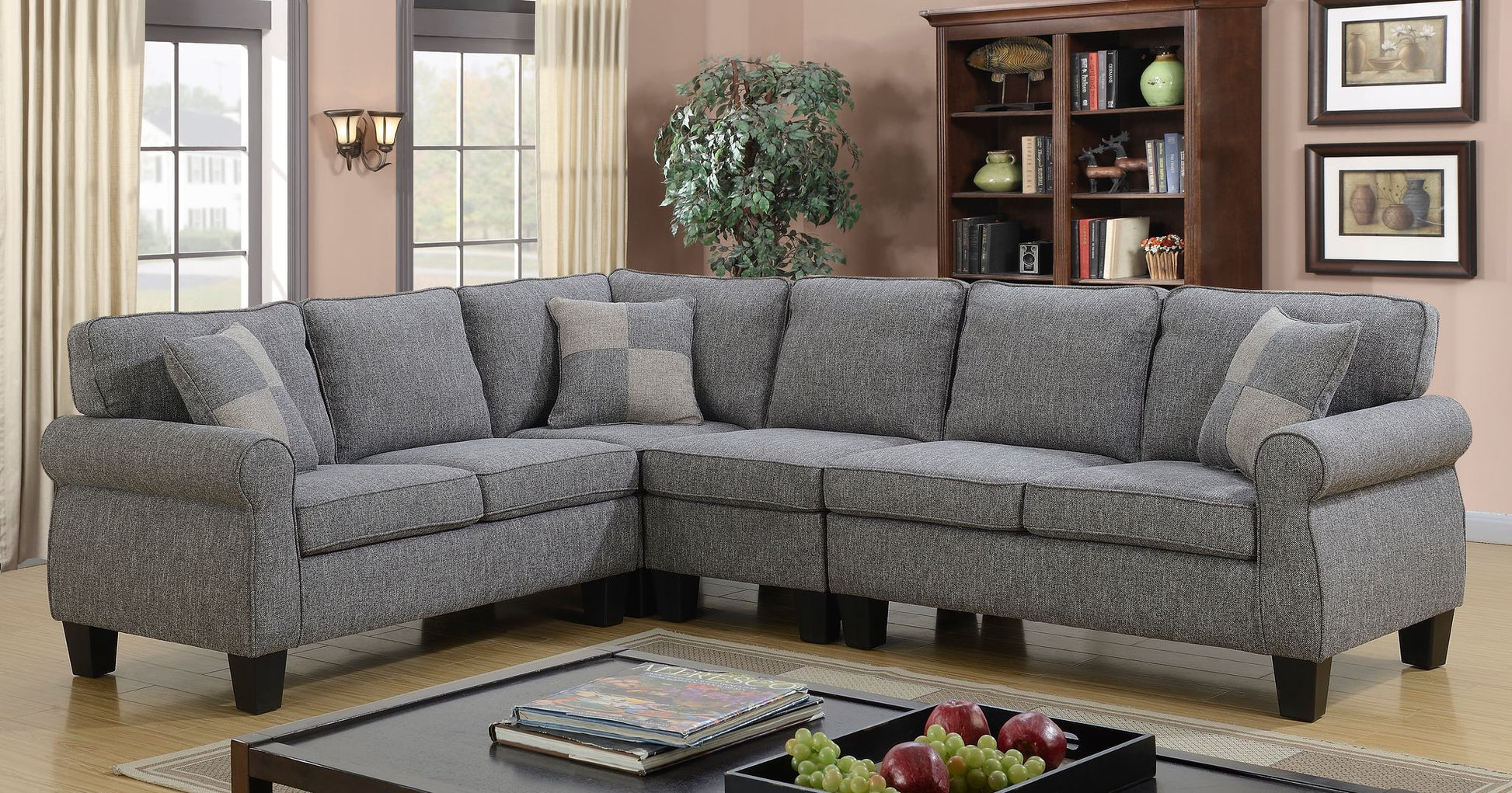 Victoria Grey Sectional Sofa with Adjustable Armless Chair, Durable Polyester Fabric