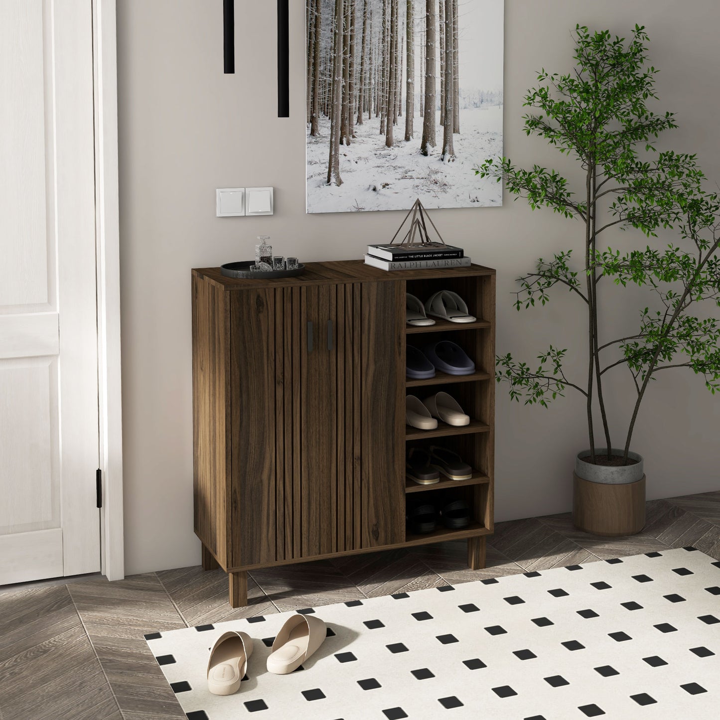 HOMCOM Walnut Shoe Storage Organizer with Double Doors and Open Shelves