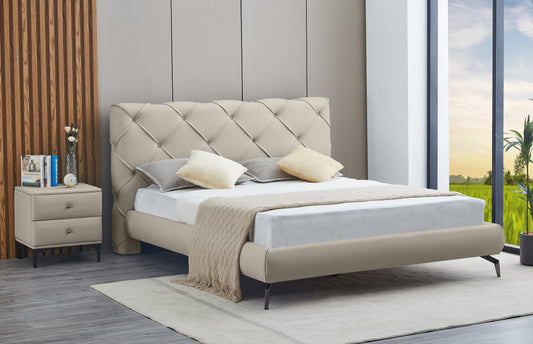 Diamond-Stitched Faux Leather Bed – Creme