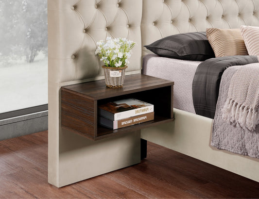Diamond-Tufted Velvet Bed with Floating Nightstands – Beige